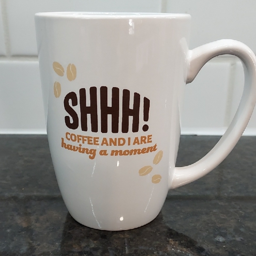 SHHH! Coffee Ceramic Mug - White with Brown & Tan Print